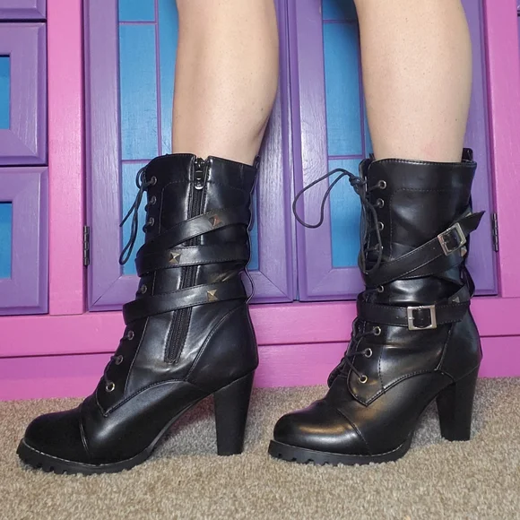 Hot Black Leather Boots Side Zip Buckle Strap Chunky High Heel with Studs Size 8 - Picture 5 of 13